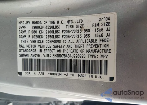 2004 Honda Cr-V Lx z USA, uszkodzony, nr VIN SHSRD78434U228926